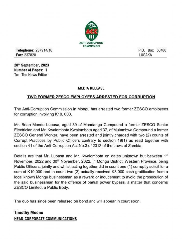 ACC ARRESTS 2 ZESCO EMPLOYEES FOR CORRUPTION The Zambian Observer