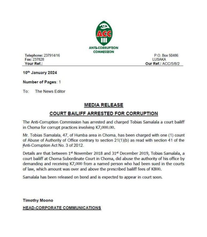 COURT BAILIFF ARRESTED FOR CORRUPTION The Zambian Observer