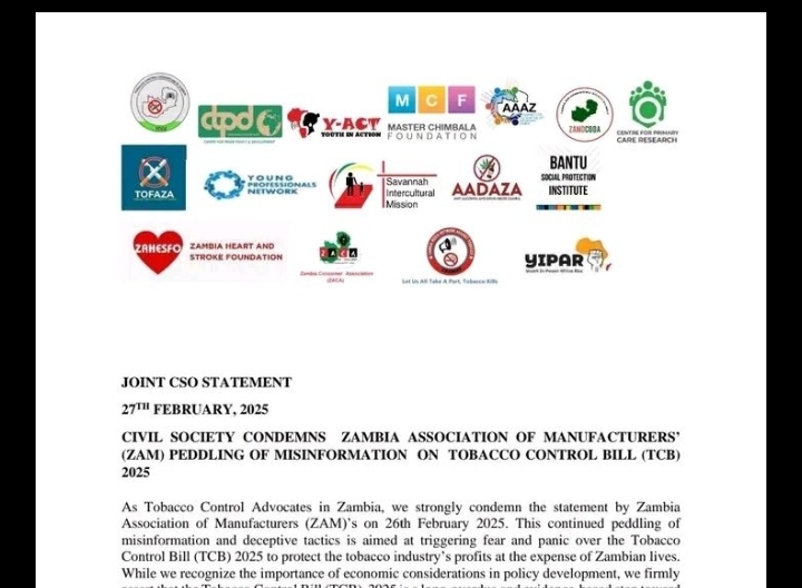 Civil Society Blasts ZAM for Spreading Falsehoods on Tobacco Control Bill 2025