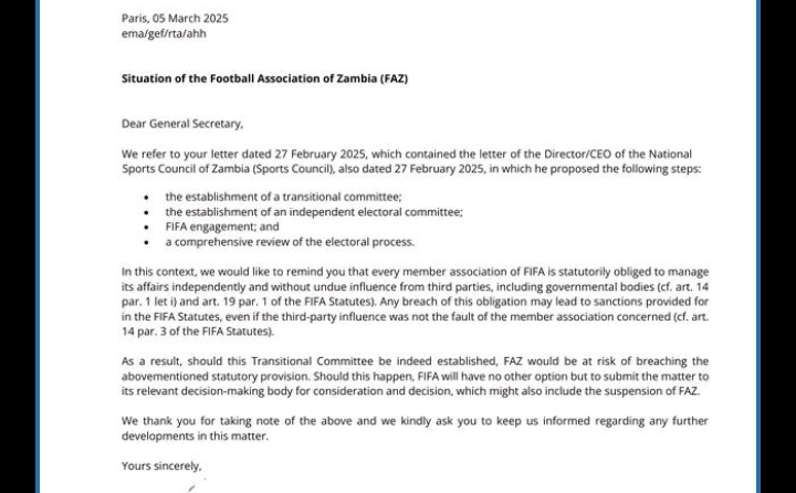 FIFA GUIDES NSCZ ON FAZ SITUATION