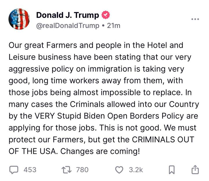 Trump administration orders ICE to pause raids and arrests at farms, hotels, restaurants, and meatpacking plants due to negative impact on industries