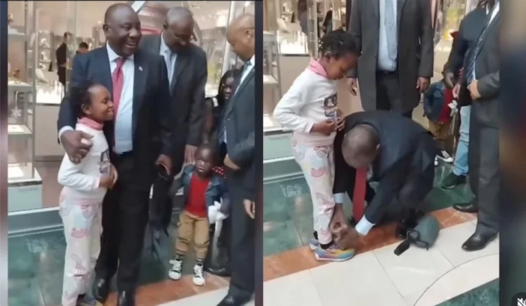 President Ramaphosa Melts Hearts After He Ties Young Girl’s Shoelaces at Mall (Watch)