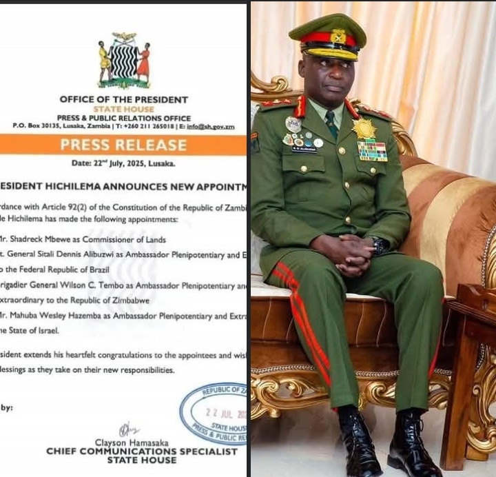 PRESIDENT HICHILEMA APPOINTS IMMEDIATE PAST ARMY COMMANDER AS AMBASSADOR TO BRAZIL