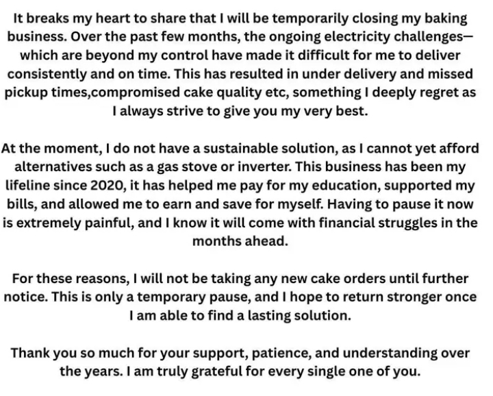 Another SMEs closes business because of extended long hours of load-shedding.