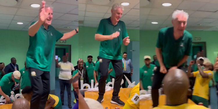 ‘Don’t raise his BP’: Bafana coach Hugo Broos’ top of the table dance goes viral (video)