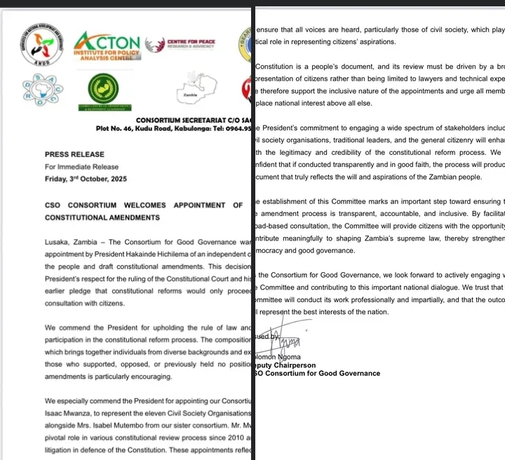CSO CONSORTIUM WELCOMES APPOINTMENT OF CONSTITUTIONAL AMENDMENTS COMMITTEE