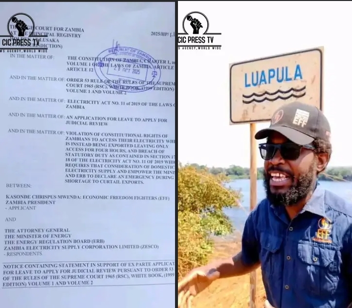 EFF PRESIDENT KASONDE MWENDA SUES GOVERNMENT OVER ELECTRICITY EXPORTS