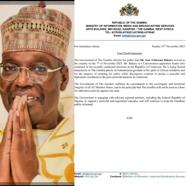 Cameroon’s opposition figure tchiroma is officially on exile in gambia