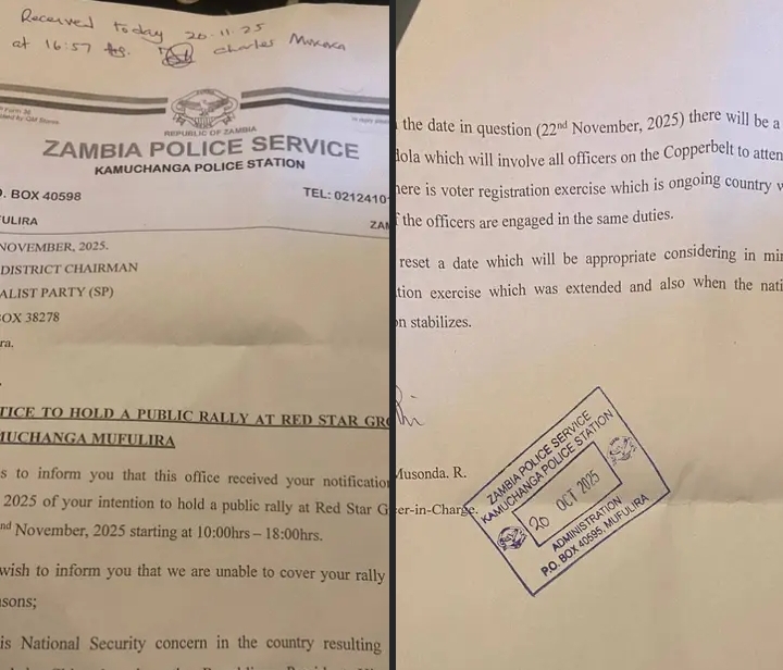 POLICE REFUSE SOCIALIST PARTY TO HOLD POLITICAL RALLY IN MUFULIRA