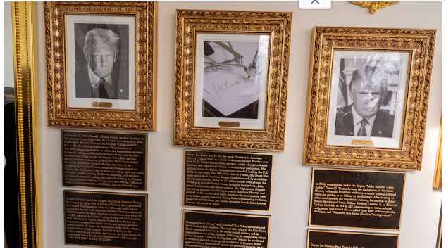 Trump insults Joe Biden and Barack Obama as he adds plaque beneath images of past president in White House