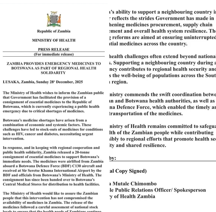 ZAMBIA PROVIDES EMERGENCY MEDICINES TO BOTSWANA AS PART OF REGIONAL HEALTH SOLIDARITY