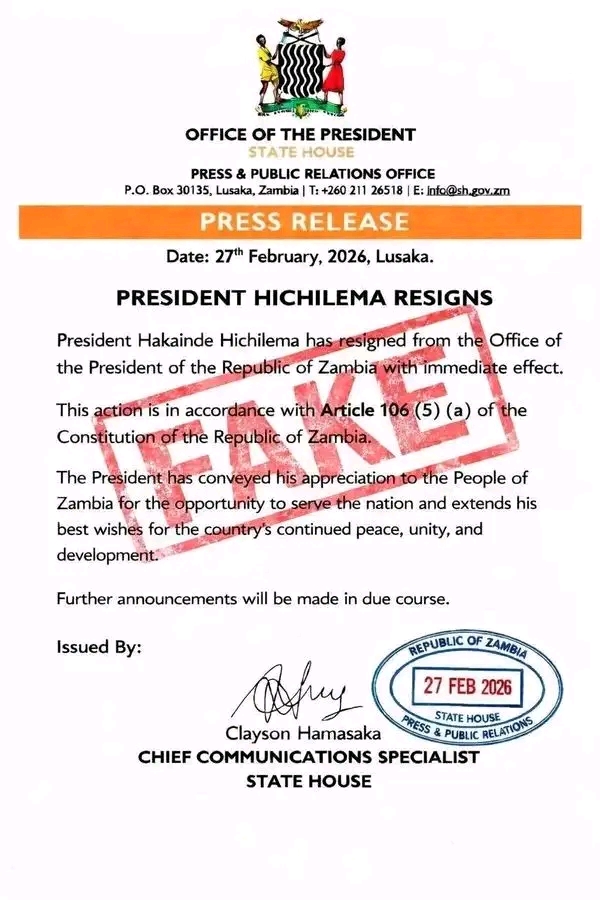 UPND Dismisses Fake Hichilema Resignation Claim, Reports Matter to Police