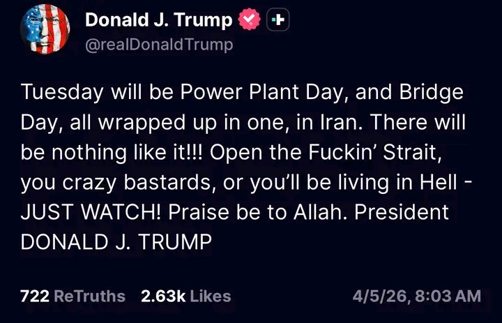 President Trump tells Iran “open the f***** Strait of Hormuz, you crazy bastards, or you’ll be living in hell.”