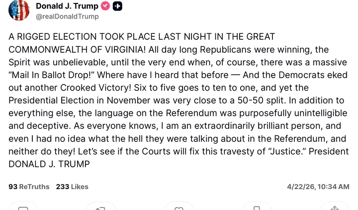 Trump Calls Virginia Election “Rigged” After Democrats Win Referendum
