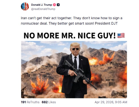 Donald Trump has shared a photo of himself with a machine gun, saying “no more Mr Nice guy”. 