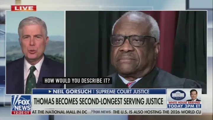JUSTICE NEIL GORSUCH PAYS GLOWING TRIBUTE TO CLARENCE THOMAS AS HE BECOMES SECOND-LONGEST SERVING SUPREME COURT JUSTICE IN HISTORY
