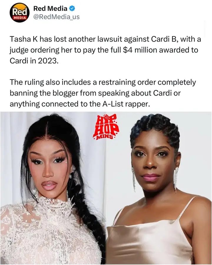 Tasha K has lost another lawsuit against Cardi B, with a judge ordering her to pay the full $4 million awarded to Cardi in 2023.