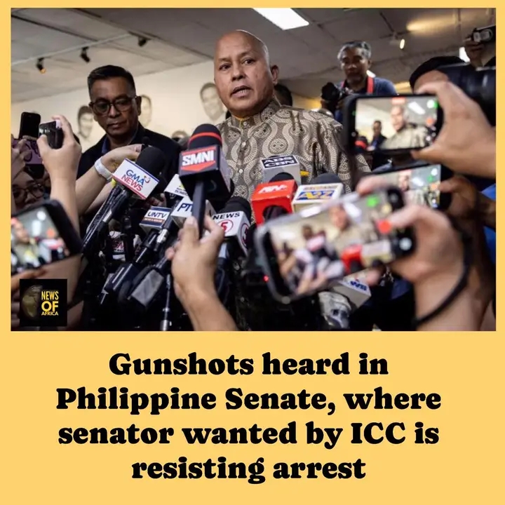 Gunshots have been heard in the Philippine Senate building, as a senator wanted by the International Criminal Court is holed up in the building to resist arrest