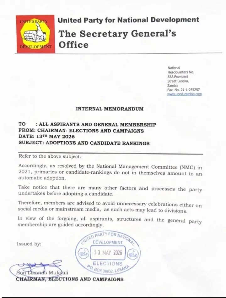 UPND WARNS ASPIRANTS AGAINST PREMATURE CELEBRATIONS