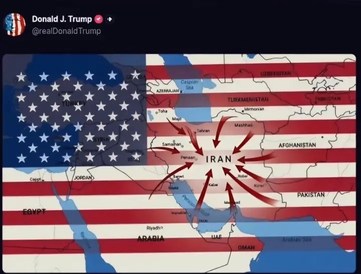 Trump has posted a series of cryptic images on social media, including a map of the Middle East covered by a hidden U.S. flag and a red arrow pointing directly at Iran