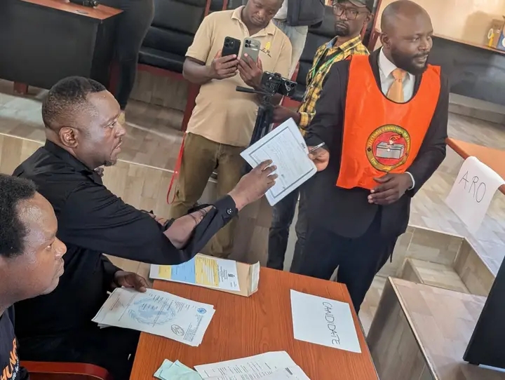 Gary Nkombo filing in his nomination to stand as an independent candidate for the Mazabuka Central parliamentary seat