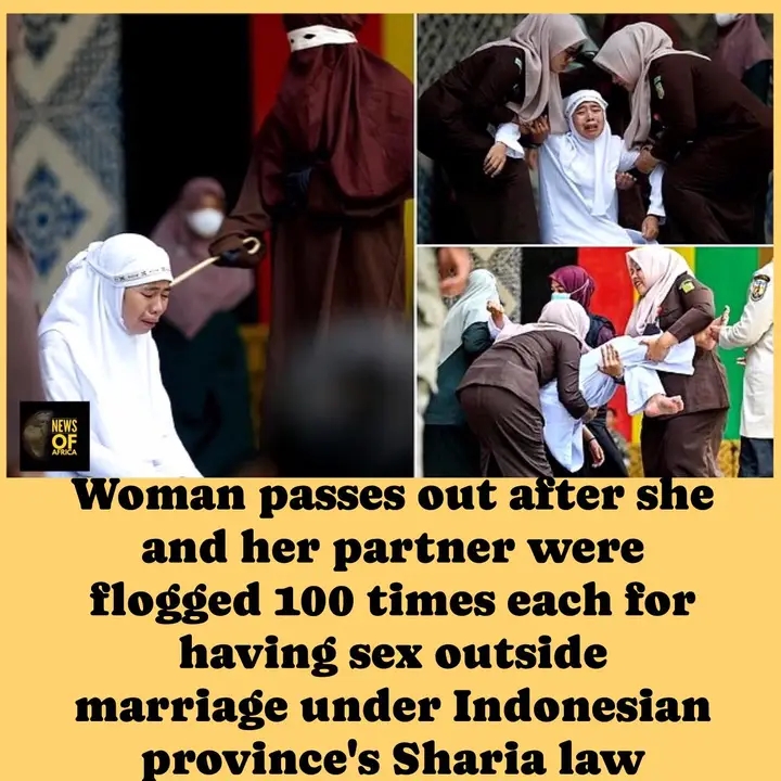 woman has passed out after she and her partner were flogged 100 times each for having s£33x outside of marriage under an Indonesian province’s Sharia laws