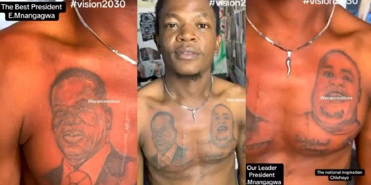 Young man shocks social media with Chivayo and Mnangagwa chest tattoos