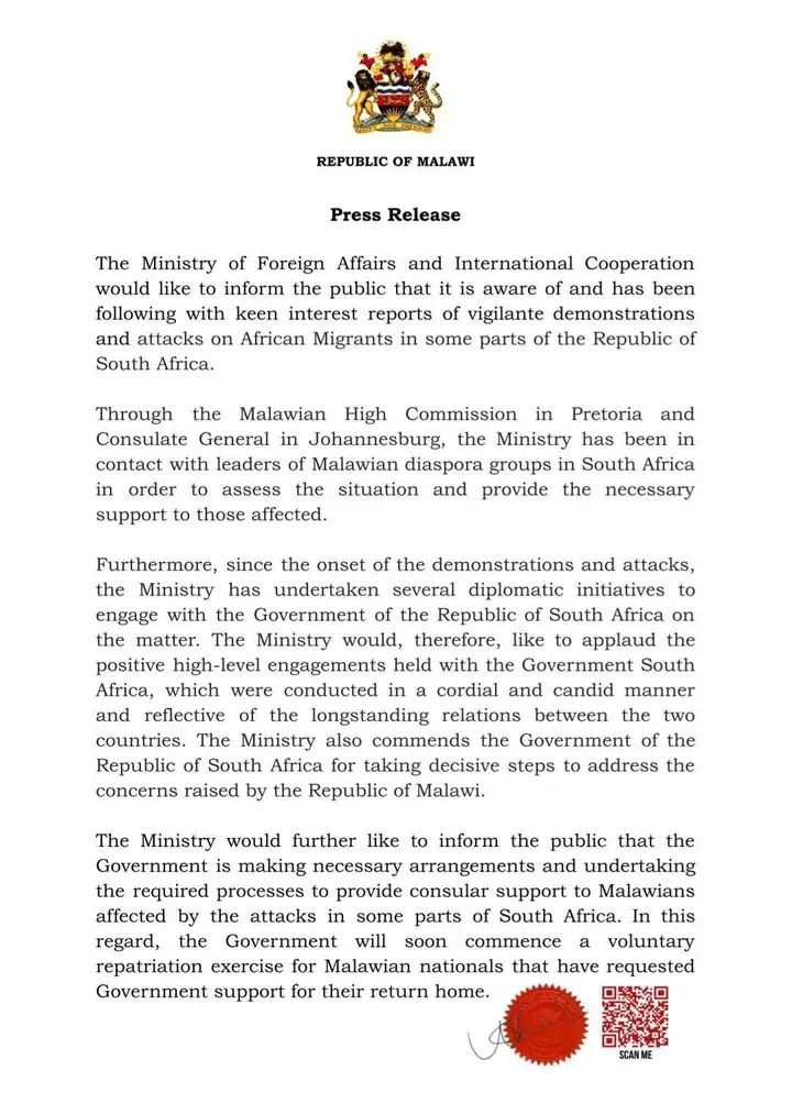Malawi has announced that it will assist its citizens who want to leave South Africa