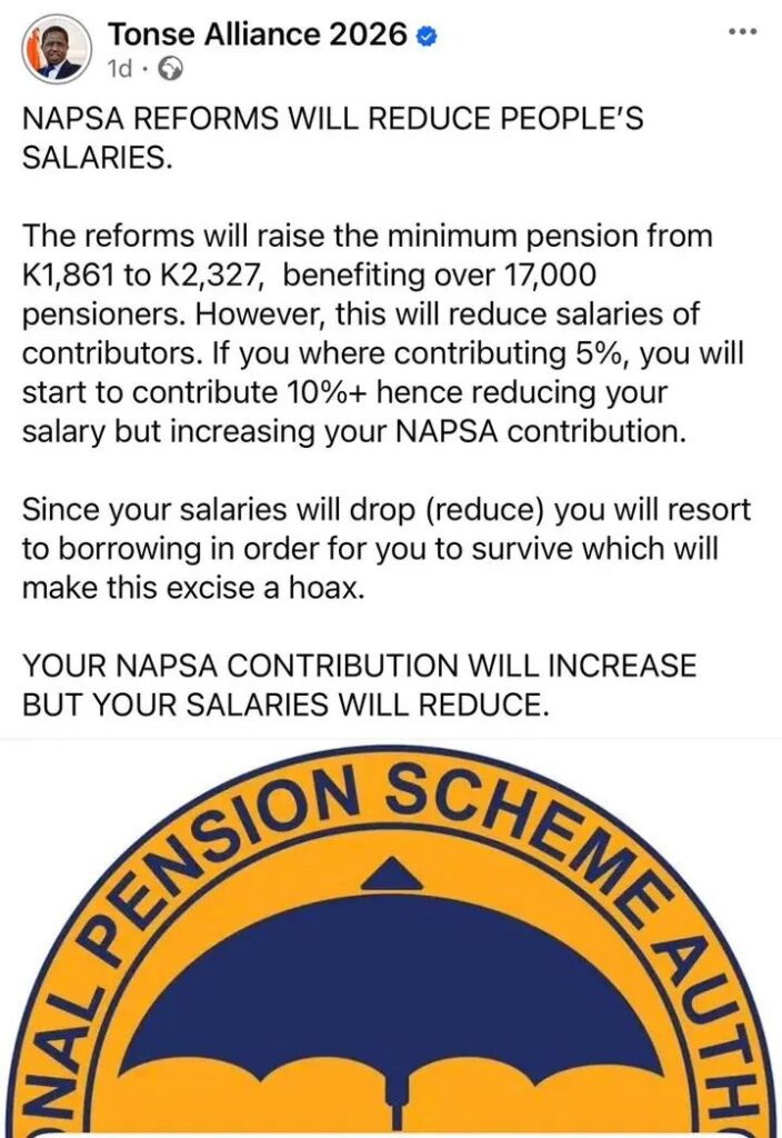 NAPSA REFORMS WILL REDUCE PEOPLE’S SALARIES- Tonse Alliance