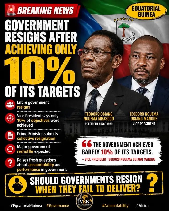 Govt of Equatorial Guinea has resigned after failing to meet key performance targets, according to the country’s vice president.