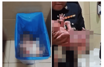 Newborn baby was found abandoned in a sanitary trash can at an airport toilet in Malaysia